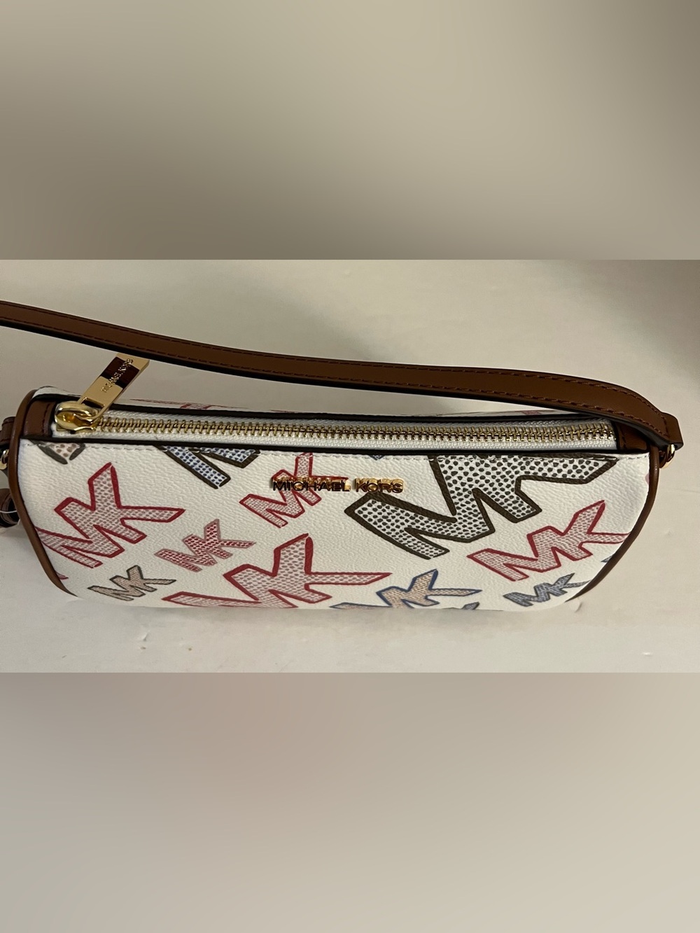 Michael Kors White Multicolor MK Logo Shoulder Bag with Brown Trim - Picture 15 of 16